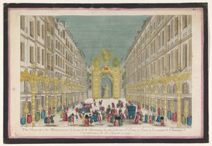 Vue de la décoration de la Rue de la Feronnerie à Paris pour la guérison de Louis XV, roi de France, en 1745