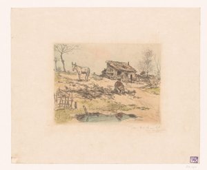 Paysage avec homme et âne près d