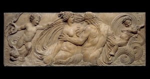 Nymphe et petit génie chevauchant un cheval marin ; Nymphe et Triton entourés de deux petits génies. Bas-relief. Sculpture en pierre par Jean Goujon (1510-1567) - Jean Goujon