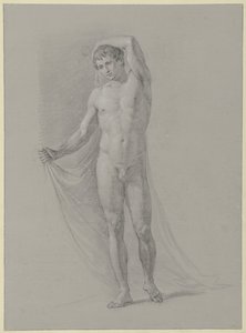 Nu masculin debout, tenant un drap derrière le dos, de face