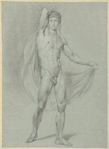 Homme nu debout, avec un drap derrière le dos, vu de face