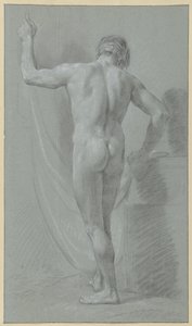 Homme nu debout devant un rideau, vu de dos
