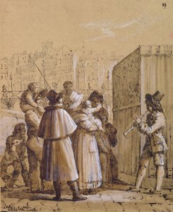 Spectateurs regardant un spectacle de Pulcinella près du Pont des Arts à Paris - Jean Henri Marlet