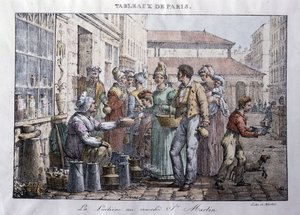 Ancien métier des rues de Paris : La laitière du marché Saint-Martin - Gravure par Jean Henry Marlet (1771-1847) dans « Les Tableaux de Paris », série de 72 estampes, fin du 19ème siècle - Jean Henri Marlet