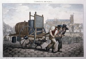 Ancien métier de rue à Paris : bain à domicile (deux hommes tirent une charrette avec un tonneau rempli d