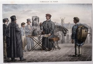 Ancienne rue métier à Paris : le marchand de mort-aux-rats (camelot). Gravure par Jean Henry Marlet (1771-1847) dans « Les Tableaux de Paris », série de 72 estampes, fin 19ème siècle