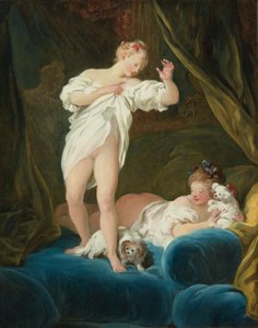 Deux filles sur un lit jouant avec leurs chiens - Jean Honore Fragonard