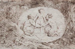 Bacchanales : Nymphe soutenue par deux satyres
