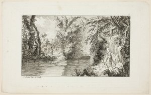 Paysage avec un promeneur et une cascade, planche 5 de la deuxième suite Livre de paysages - Jean Hoüel