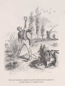Alors que les derniers grains de poudre tombent dans la paume de sa main noircie, un superbe lièvre...
