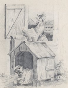 Chien dans une niche, coq chantant à la fenêtre, vers 1842