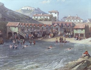 Le Début de la baignade en mer dans le vieux port de Biarritz (1858)