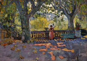 Jeune femme avec un parapluie sur la terrasse ombragée - Jean Jacques Roque
