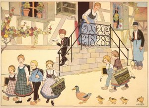 Enfants de village alsacien en route pour l