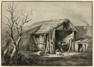 Un paysan assis dans une cabane