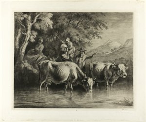 Bovins et paysans à gué sur un cours d