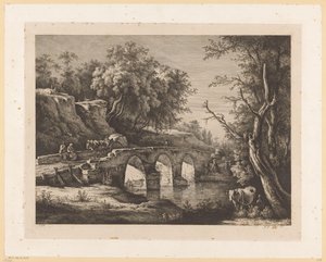 Paysage avec des figures sur un pont de pierre