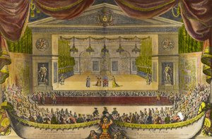 Représentation du malade imaginaire à Versailles. Représentation de la pièce de Jean Baptiste Poquelin dit Molière (1622-1673) devant la grotte de Thétis dans les jardins de Versailles en présence du roi Louis XIV - Jean Lepautre