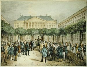 Enterrement des révolutionnaires sur la Place des Martyrs de la Liberté, Bruxelles, 2 octobre 1830, gravé par A.M. Jobard (fl.1820-20) - Jean Louis (after) Van Hemelryck