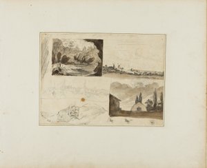 Feuille de croquis : Quatre paysages et un lévrier