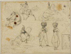 Feuille de croquis : Soldats, chevaux et paysage - Jean Louis André Théodore Géricault