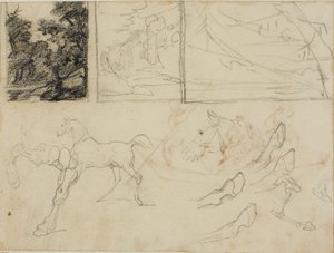 Feuille de croquis : trois paysages, chevaux et sabots - Jean Louis André Théodore Géricault