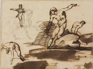 Étude de Napoléon à cheval avec croquis de nus parmi les rochers - Jean Louis André Théodore Géricault