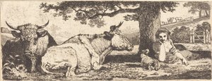 Deux vaches et une femme allongée - Jean Louis Demarne