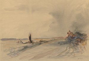 Terre dévastée, figures dans un paysage v. 1919 (lavis gris, aquarelle et gouache)