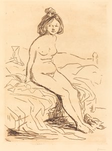 Femme nue, assise sur son lit, vue de face