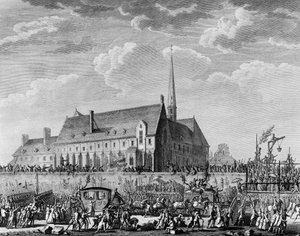 Révolution française : Le roi Louis XVI arrivant avec sa famille (Marie-Antoinette, le dauphin Louis Charles de France ou Louis XVII et Marie-Thérèse dite « Madame Royale ») à Paris le 6 octobre - Jean Louis II (after) Prieur