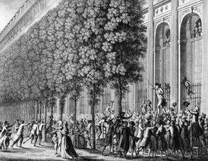 Révolution française : Motion faite au Palais Royal par Camille Desmoulins (1760-1794) le 12 juillet 1789. Gravure par Berthaut d