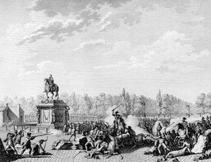 Révolution française : Place Louis XV, les dragons de Charles Eugène de Lorraine, prince de Lambesc, chargent un cortège portant les bustes de Jacques Necker et du duc d