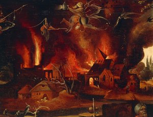La tentation de Saint Antoine (détail montrant la ville en flammes et les démons)