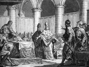 Établissement des dîmes ecclésiastiques par Pépin le Bref et Carloman (743). Gravure d