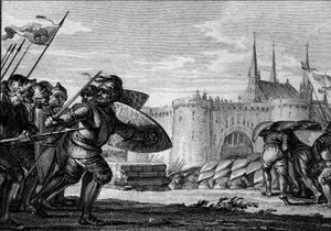 Armée viking attaquant Saint Germain des Prés et son abbaye. 9ème siècle. Gravure de Jean Michel Moreau, dit Moreau le Jeune (1741-1814)
