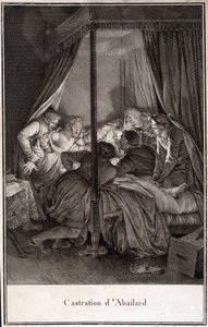 Castration de Pierre Abélard ou Pierre Abailard philosophe et théologien français (1079-1142). Gravure par Moreau