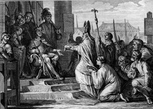 Charlemagne (747-814), roi des Francs, recevant la couronne de fer de Lombardie des mains de l