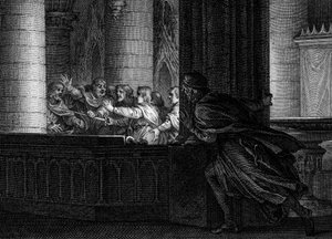 Complot contre Charlemagne, 792 : un seigneur surprend la conversation entre les conspirateurs planifiant le meurtre du roi des Francs. Parmi eux, Pépin le Bossu (769-811), fils de Charlemagne. Gravure de Jean Michel Moreau, dit Moreau le Jeune (1741-1814) - Jean Michel the Younger Moreau