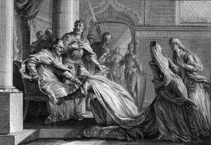 Emma de France, sœur de Hugues le Grand, se prosterne à ses pieds. Mariée à Raoul de Bourgogne, elle décide, à la demande de son frère, de donner la couronne de France à son mari, déclarant « mieux vaut embrasser son »