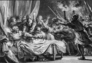 Fin de la dynastie carolingienne, 988 : arrestation de Charles (953-991), duc de Lorraine inférieure, par Hugues Capet (941-996) et son armée. Gravure de Jean Michel Moreau, dit Moreau le Jeune (1741-1814) - Jean Michel the Younger Moreau