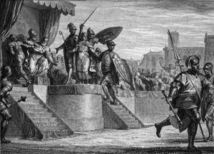 Fin de la dynastie mérovingienne, 751 : déposition du roi Childéric III (ca. 714-754) par Pépin le Bref (714-768). Gravure de Jean Michel Moreau, dit Moreau le Jeune (1741-1814) - Jean Michel the Younger Moreau