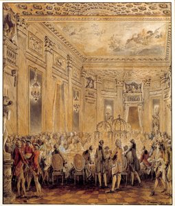 Fête donnée par Jeanne Bécu, comtesse (ou Madame) du Barry (1743-1793), maîtresse de Louis XV, au château de Louveciennes le 2/09/1771 Aquarelle par Jean Michel Moreau le Jeune (1741-1814). Paris, musée du Louvre
