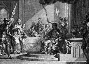 Interrègne de Charles Martel, 737 : Charles Martel, maire du Palais, interrègne après la mort de Thierry IV (713-737). Gravure par Jean Michel Moreau, dit Moreau le Jeune (1741-1814). - Jean Michel the Younger Moreau