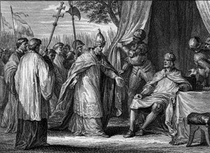 Entrevue entre le pape Grégoire IV (mort en 844) et Louis Ier le Pieux ou le Débonnaire (778-840), en 833, afin de régler le différend entre le roi et ses fils, Lothaire, Pépin et Louis. Gravure par Jean Michel Moreau, dit Moreau le Jeune (1741-1814) - Jean Michel the Younger Moreau