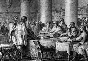 Rétablissement des études en Occident par le roi des Francs Charlemagne (747-814) et le moine Alcuin. 781. Gravure par Jean Michel Moreau, dit Moreau le Jeune (1741-1814) - Jean Michel the Younger Moreau