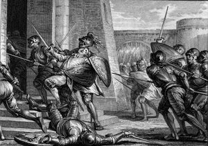Robert le Fort mort (vers 815-866), duc de France, lors de la bataille de Brissarthe, en 866, opposant les Francs à une armée combinant Bretons et Vikings. Gravure de Jean Michel Moreau, dit Moreau le Jeune (1741-1814) - Jean Michel the Younger Moreau