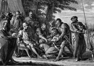 Rollon (ca. 860-933), chef viking, refuse de baiser le pied du roi Charles III le Simple (879-929), 912. Gravure de Jean Michel Moreau, dit Moreau le Jeune (1741-1814)