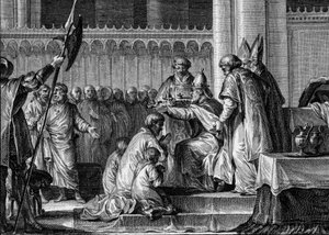 Sacré de Pépin le Bref (714-768), Basilique de Saint-Denis, 28 juillet 754 : le Pape Étienne II le consacre roi des Francs et Patrice des Romains (Patricius Romanorum). À ses côtés, ses deux fils, Carloman et Charles (le futur Charlemagne). Gravure