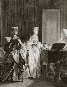 Saint Preux et Claire au clavecin dans «Julie ou la nouvelle Héloïse» par le philosophe suisse Jean-Jacques Rousseau (1712-1778) - gravure par Moreau le jeune, Jean Michel (1741-1814) - Jean Michel the Younger Moreau